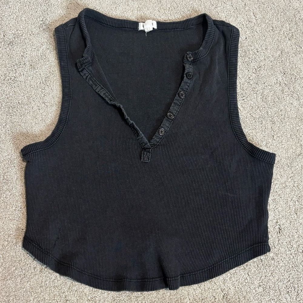Garage Henley Tank Black Vintage Tank Top with V-Neck buttoned collar